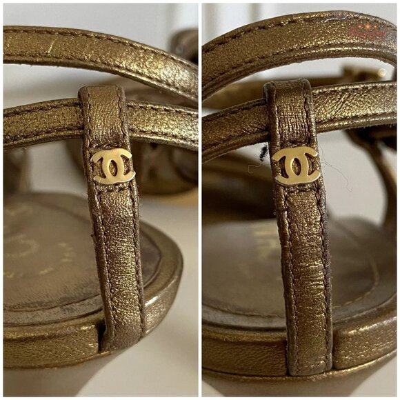 Authentic CHANEL Gold Metallic Leather CC Logo Ankle Strap High Heel Pumps 36.5 - Picture 2 of 13